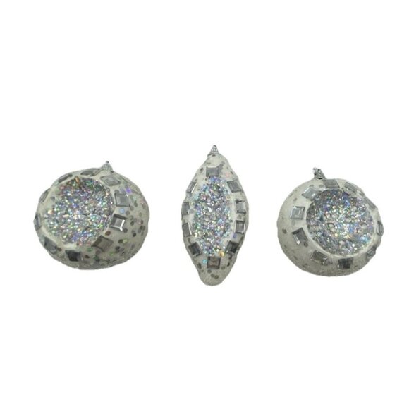 White Holographic Silver Jeweled Embossed Shatterproof Christmas Ornament Lot 3 - Picture 1 of 13